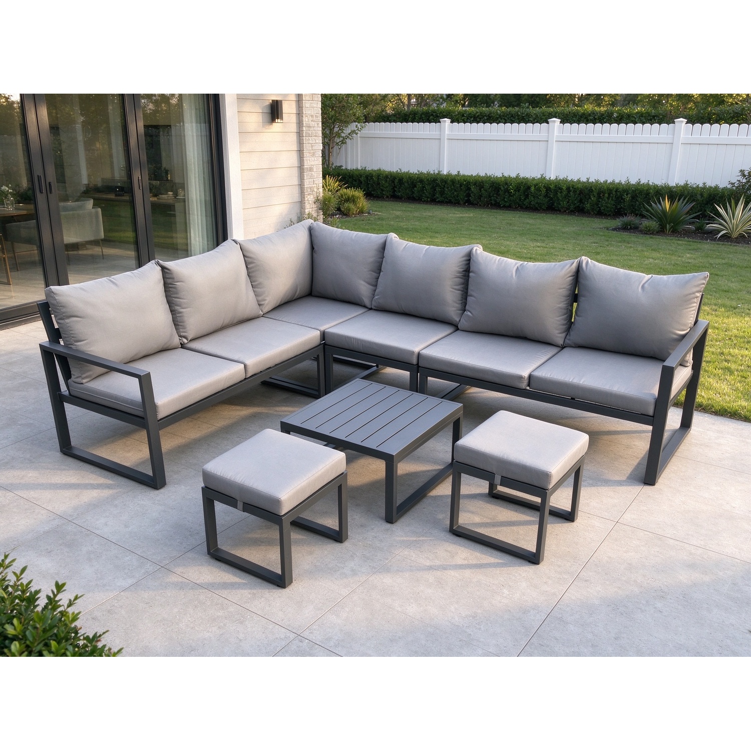 Fimous 8-Seater Aluminium Garden Set Corner Sofa Coffee Table & 2 Stools - Image 1