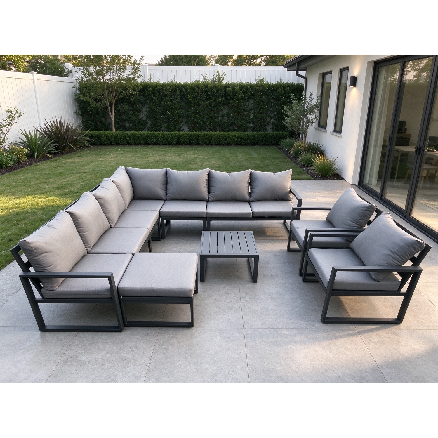 Fimous Dark/Grey Outdoor Garden Furniture Patio Lounge Corner Sofa Aluminium Set With Square Coffee Table Big Footstool 2 Chair - Image 2