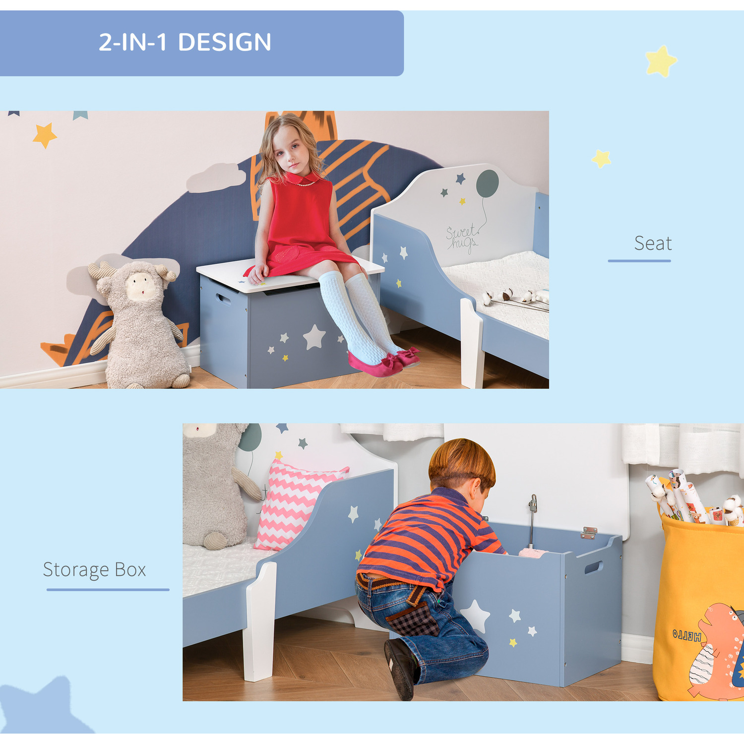 Homcom Kids Storage Chest With Safety Hinge Handles - Blue