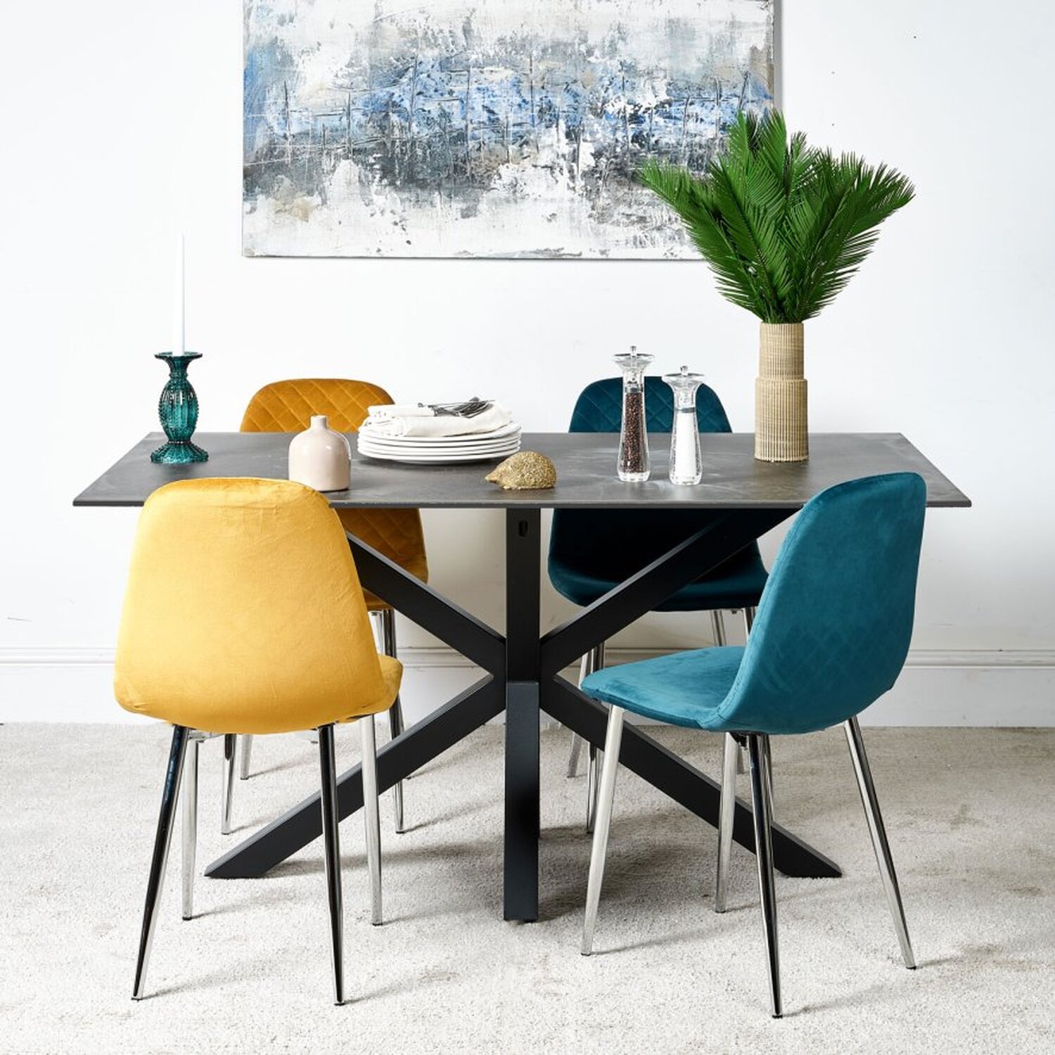 Woods Furniture - Eastcote Black 150cm Dining Table  Archie Chrome Leg Chairs - Teal thumbnail