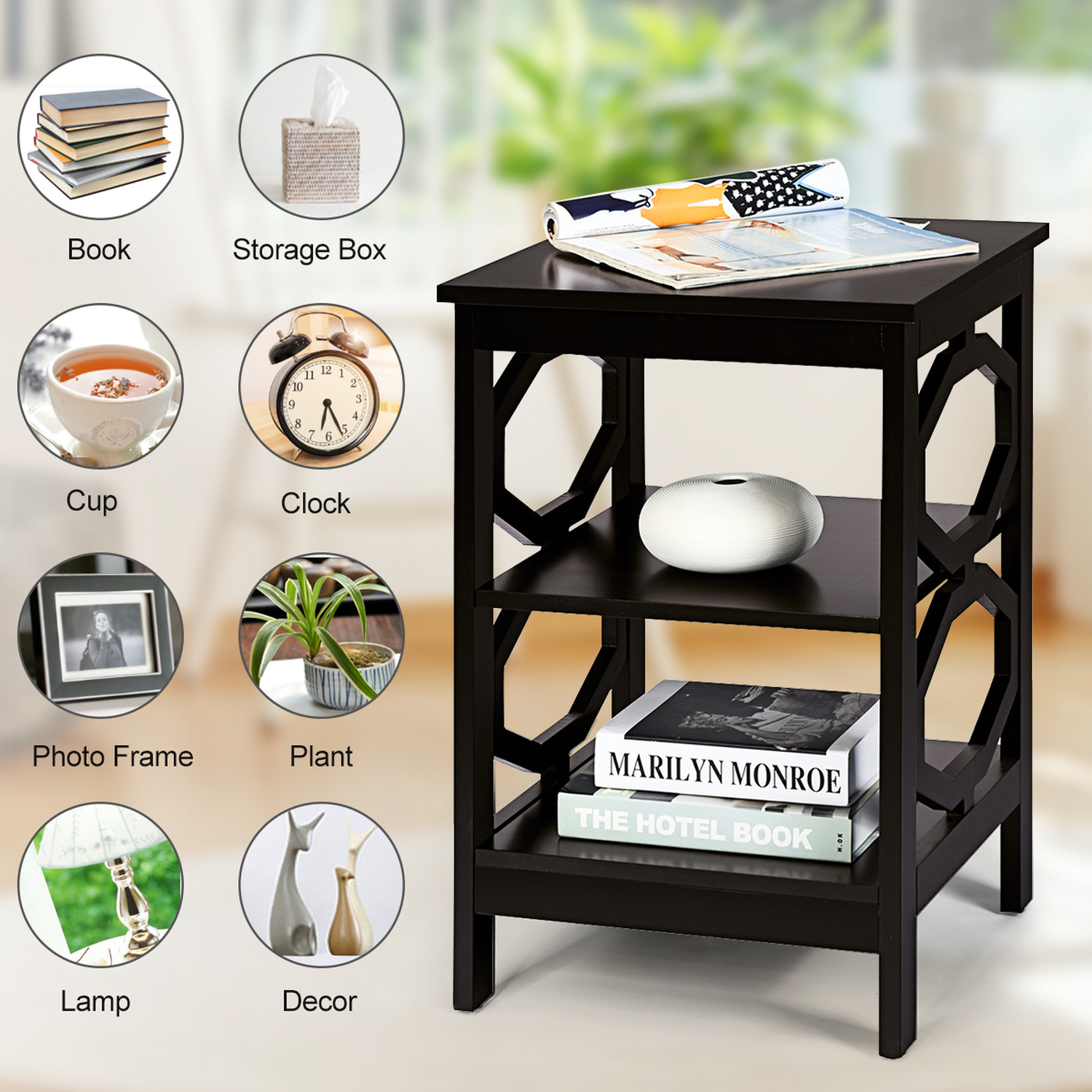 3-tier Sofa Bedside Table End Table - Brown