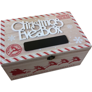 Wooden Christmas Eve Gift Box with Personalisable Name Plate and Red Details