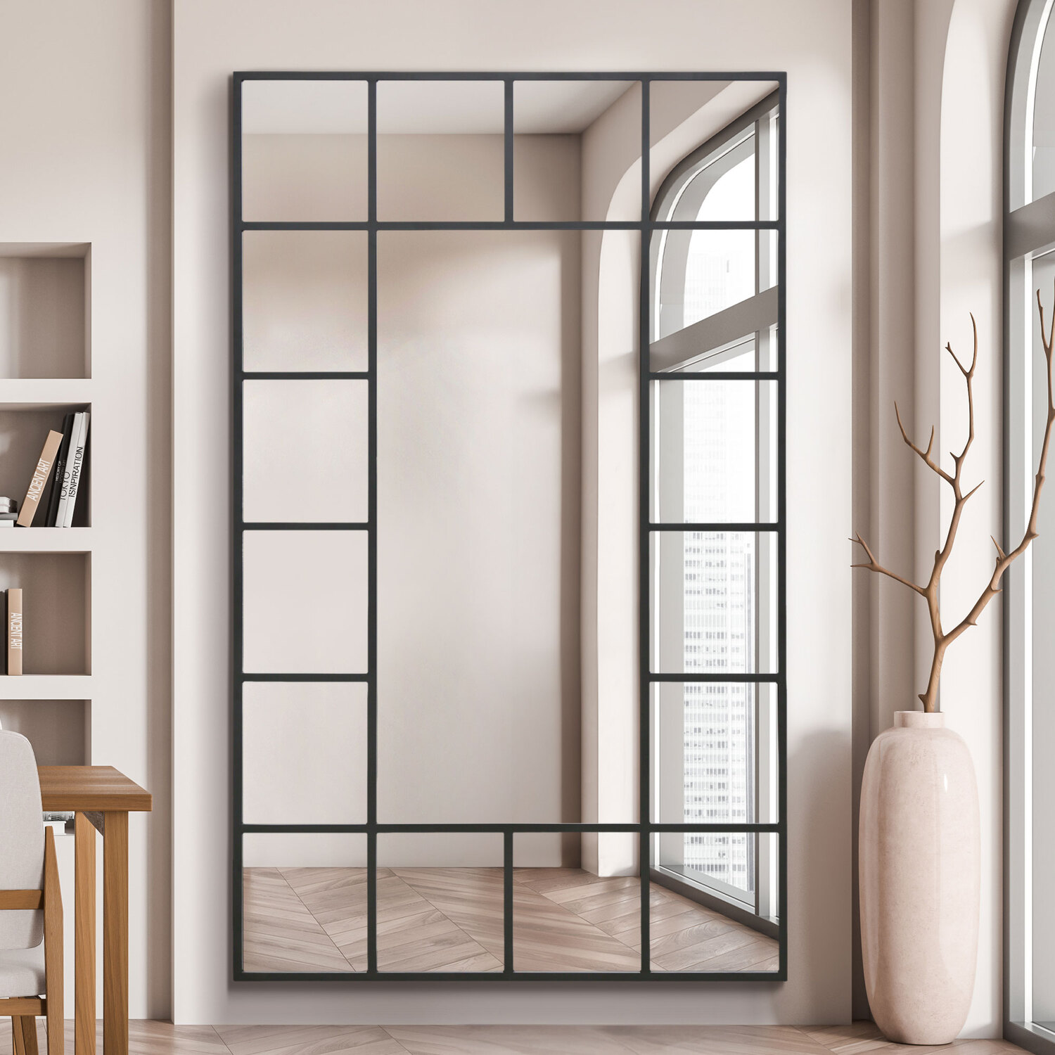 MirrorOutlet - Penestra Metal Modern Window Leaner Wall Mirror - Black / 180cm thumbnail