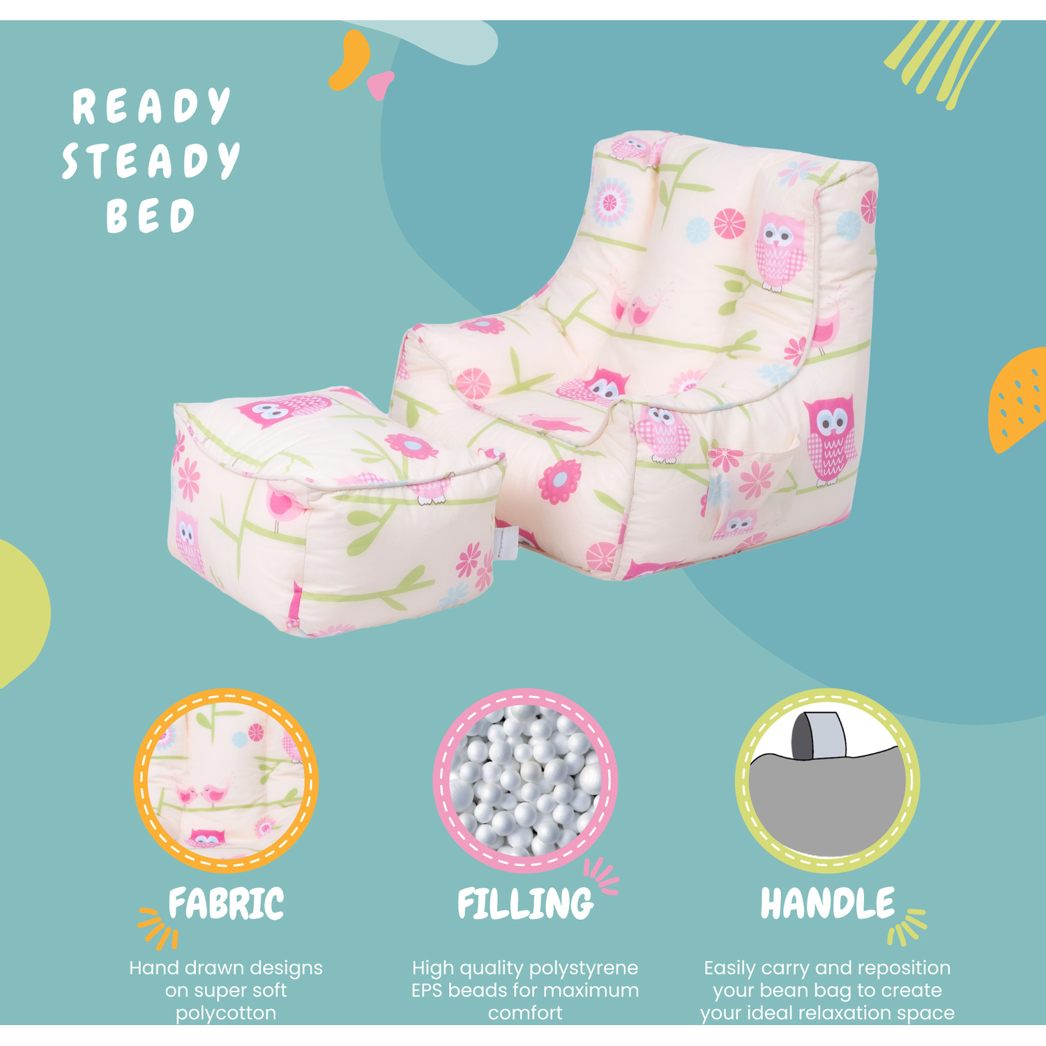 Kids Bean Bag Armchair With Footstool Printed Beanbag Chair Pouf - Owls Owls