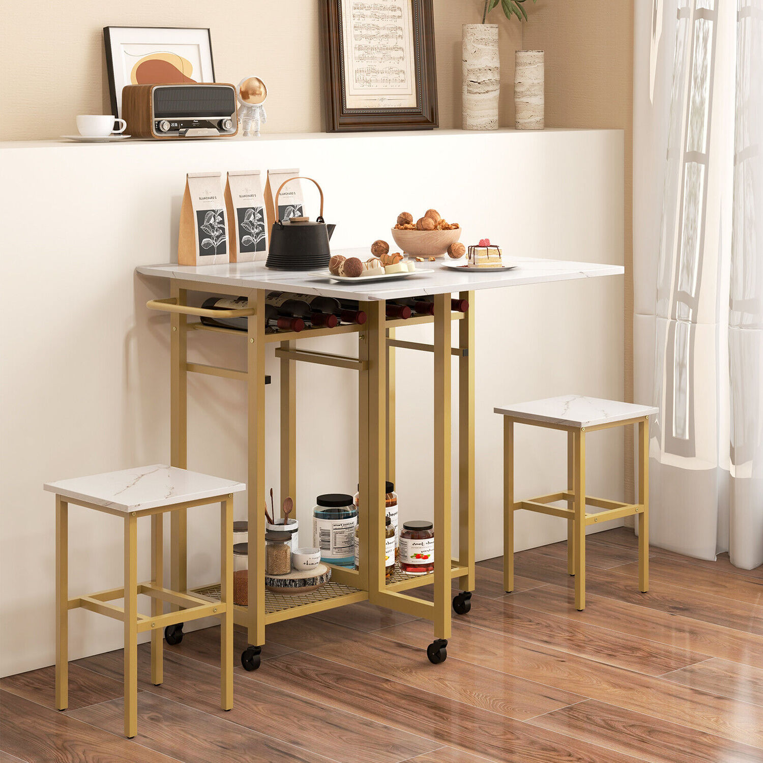 Extendable Kitchen Table Stool Set - White