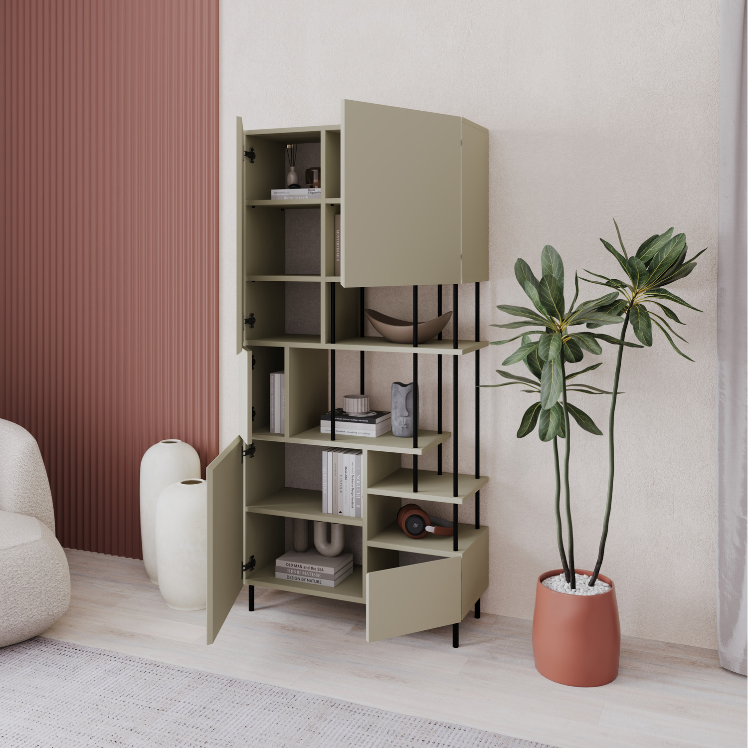 Modern Key Bookcase 5-Door Cabinet with Open Shelves