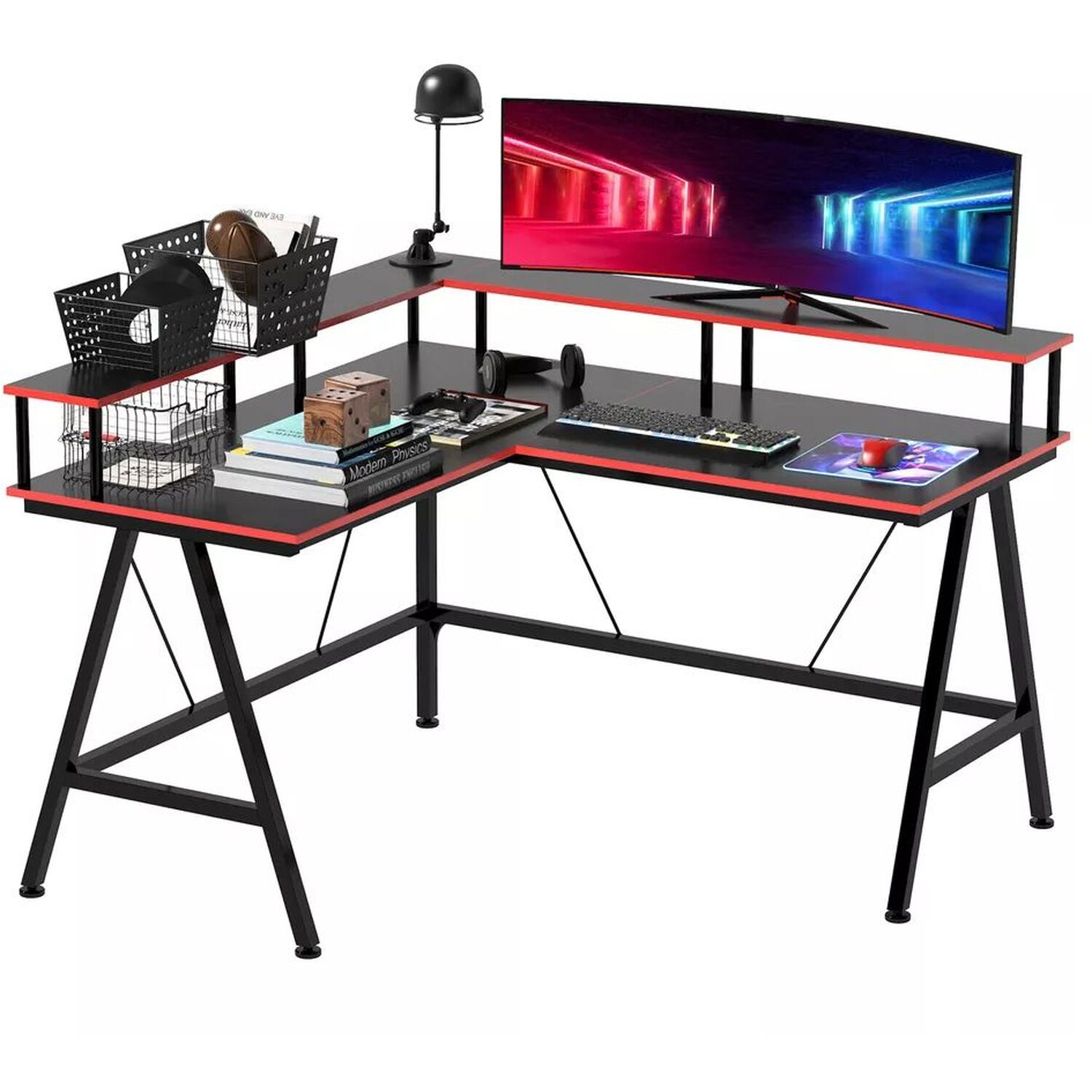 L Shaped Gaming Computer Desk - Red And Black
