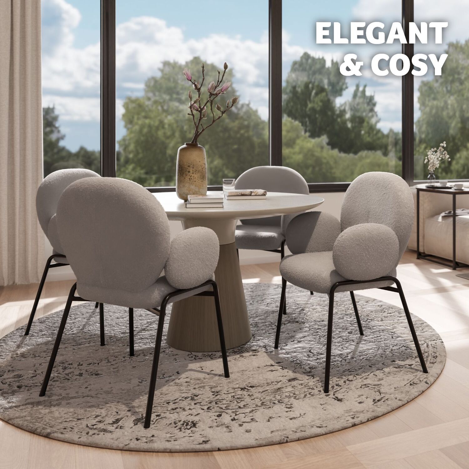 Dining Chair Scandi - Padded Boucle Cover High Backrest - Light Grey 90cm 4