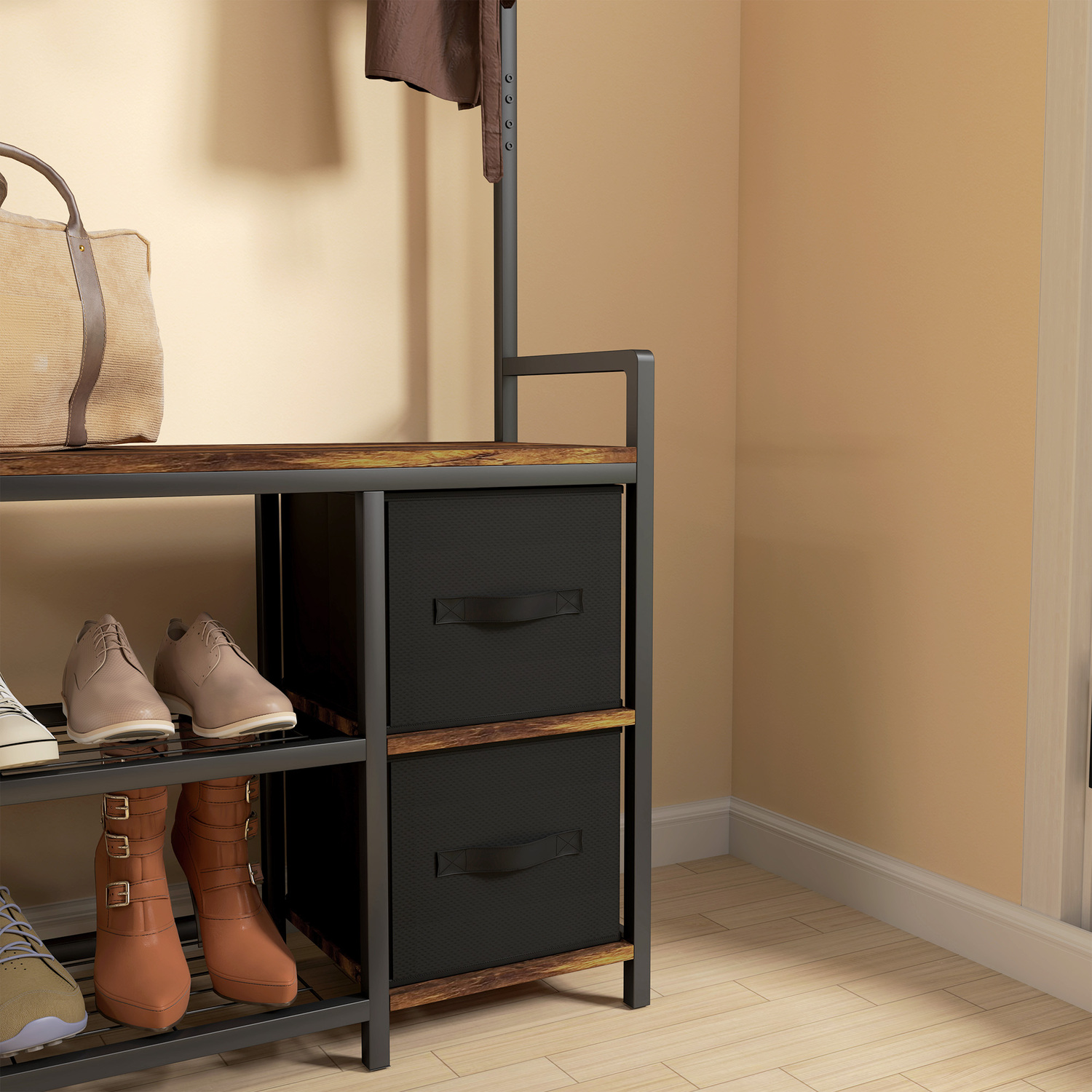 HOMCOM Coat Rack with Bench Coat Stand with Drawer Rustic Brown