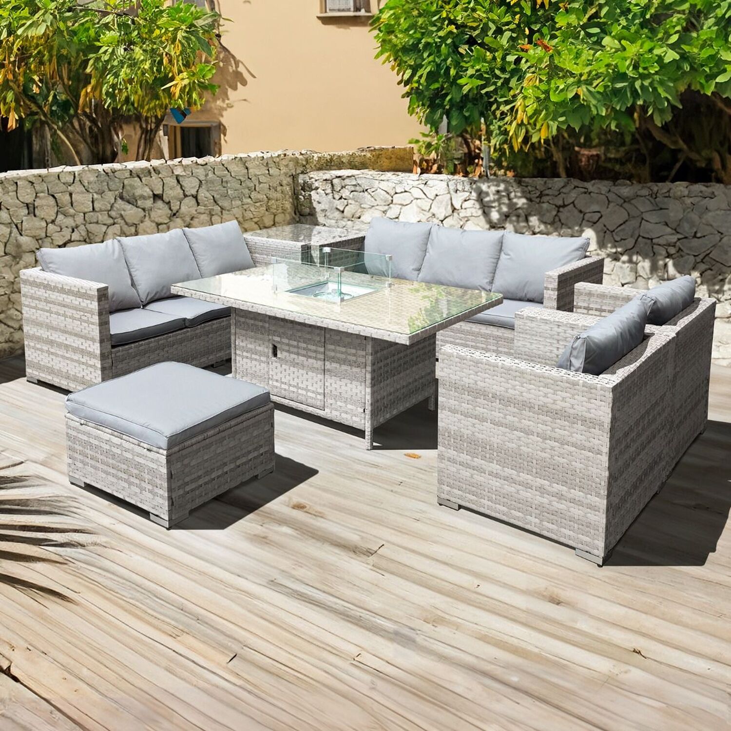 Malta Xs Rattan 9 Seat Firepit Table Set - Dove Grey