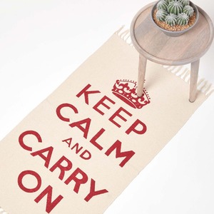 Keep Calm And Carry On Handwoven Cotton Rug in Cream, Red, 60 x 100 cm