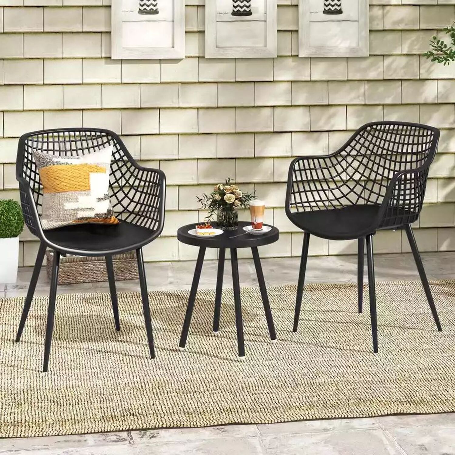 Modern 3 Piece Patio Table And Chair Set Bistro Set - Black