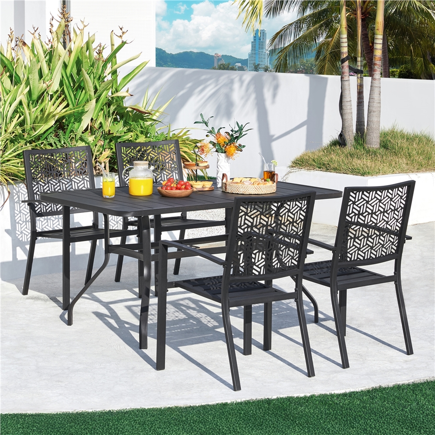 Set Of 2 Outdoor Garden Chairs With Slatted Seat - Black