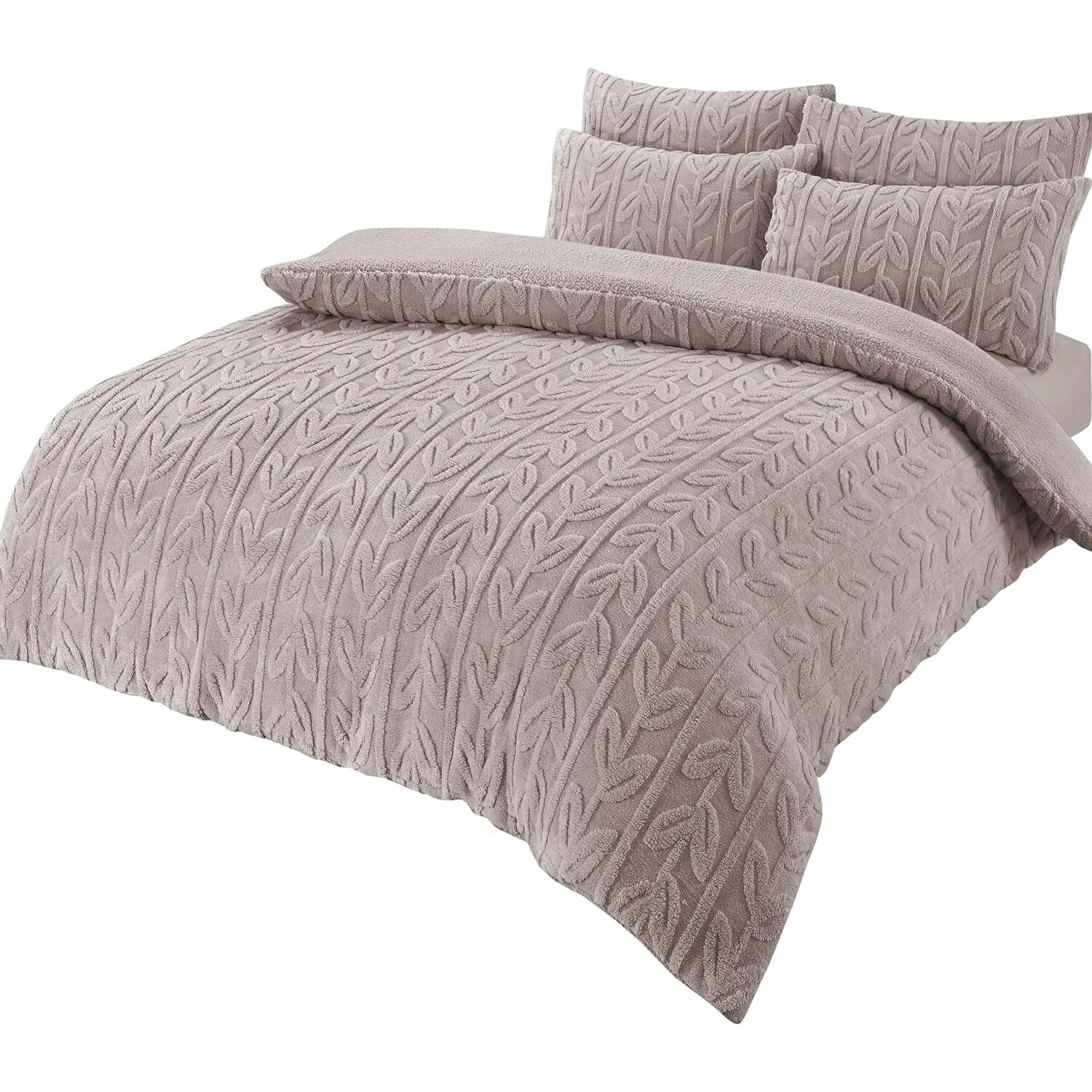 Leaf Printed Teddy Duvet Set - Natural Double