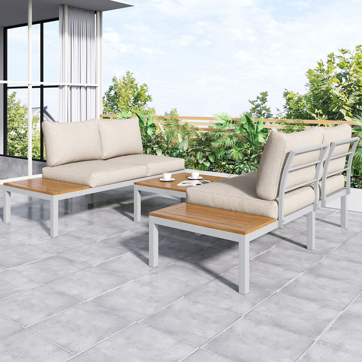 L-shaped Outdoor Lounge Set With Coffee Table - Beige