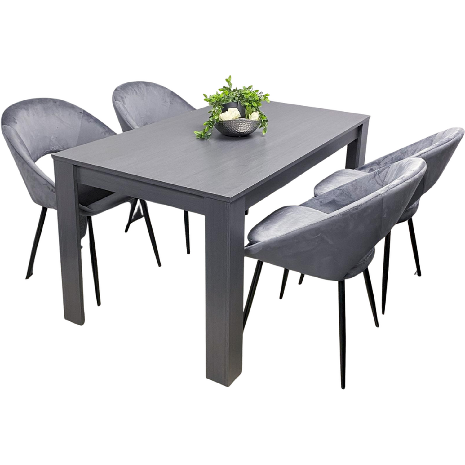 Dark Grey Dining Table Set with 4 Grey Velvet Chairs