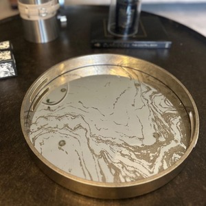 Round Marbled Mirror Tray with Gold Handles