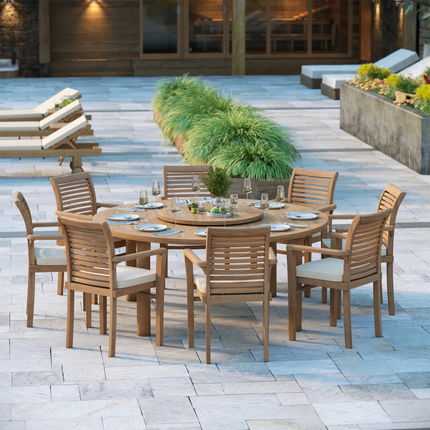 Verona Teak Garden Dining Table And 8 Seat Chair Set - Teak Table 8 Chairs Black Cushions