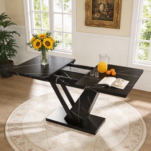Extendable Dining Table Marble Pattern Black Console Table V Legs