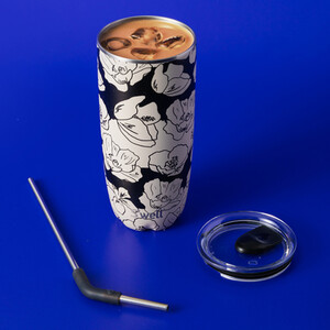 S'well Charcoal Bloom Tumbler with Lid and Straw, Black  White, 700ml