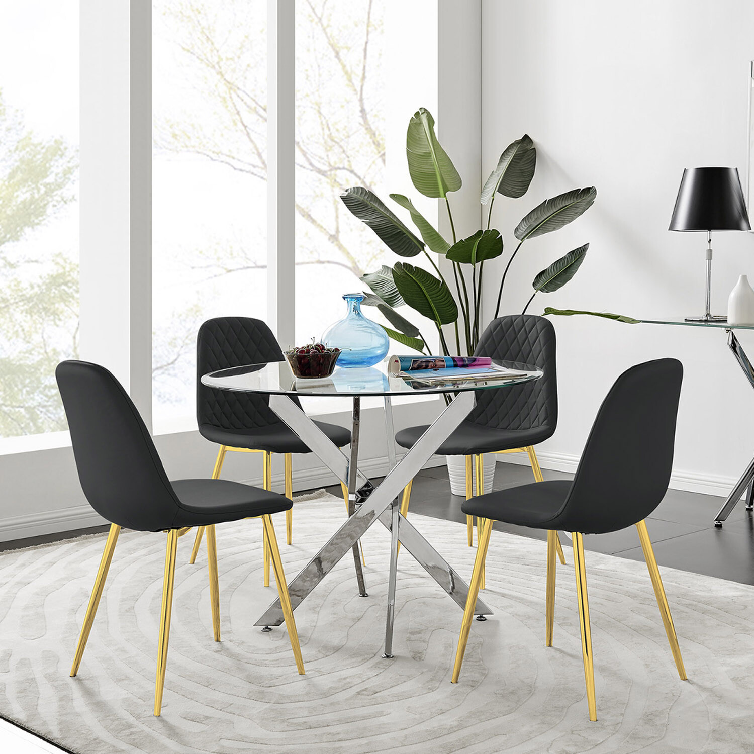 Novara Chrome Metal 100cm Round Glass Dining Table  4 Corona Gold Leg Chairs - Black