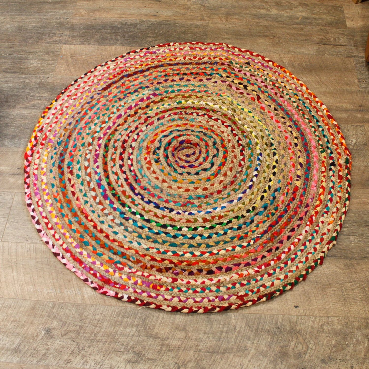 Handmade Round Jute Recycled Cotton Rug Eco Friendly - Multi