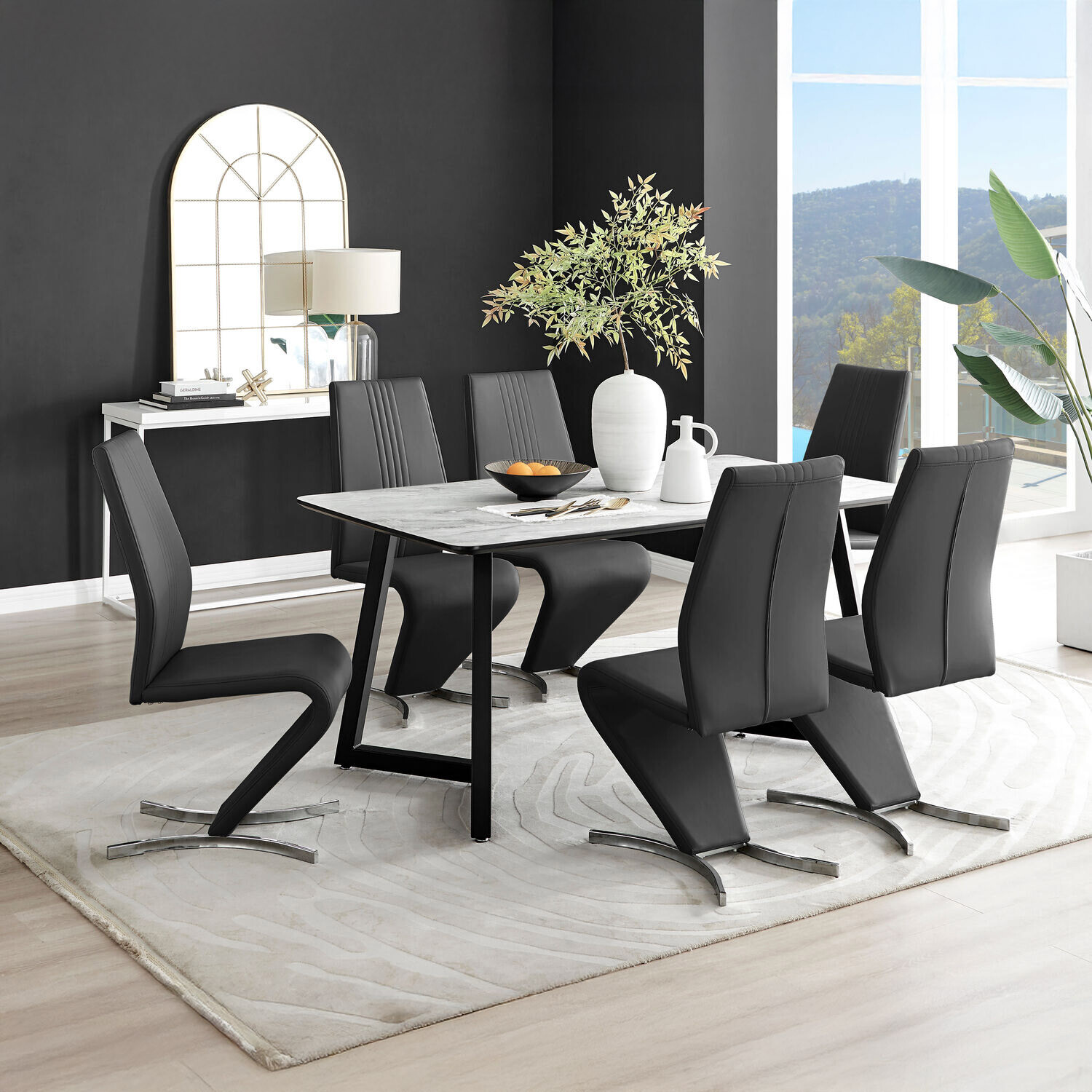 Carson White Marble Effect Dining Table and 6 Willow Chairs - Black