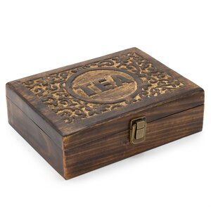 Mango Wood Carved Tea Box with 12 Compartments Brass Clasp