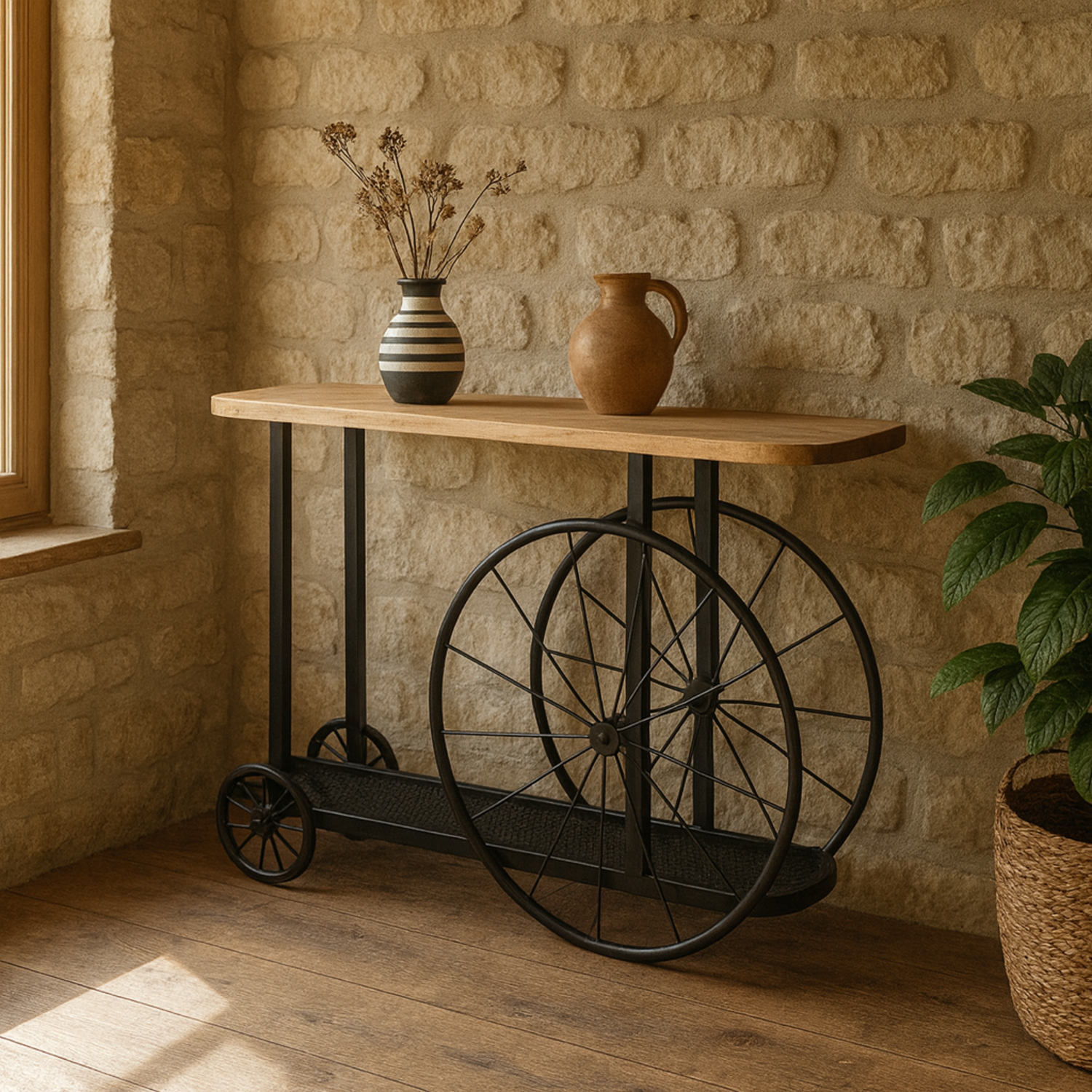 Wyld Haus Shanghai Industrial Oak Console Table with Black Metal Wheels - Brown