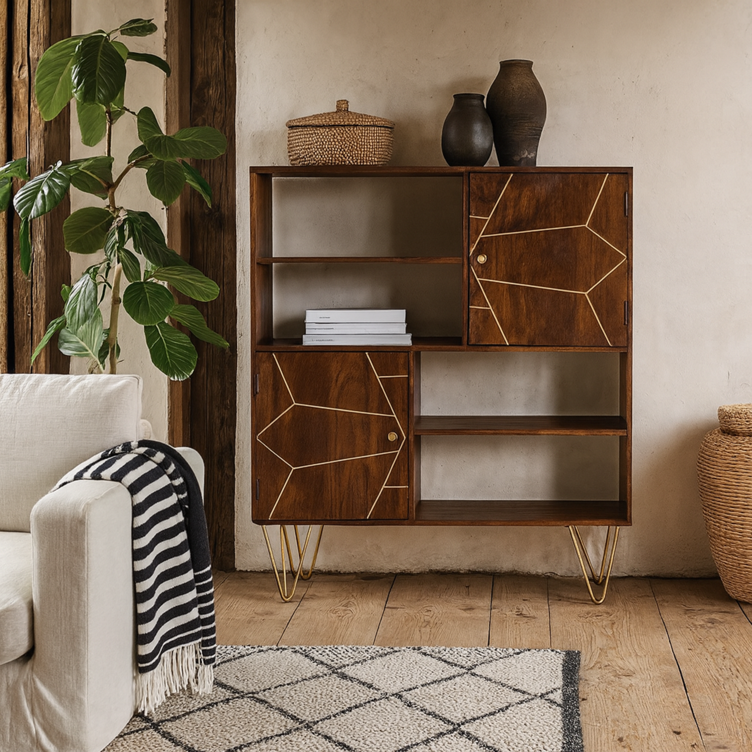 Bandung Dark Mango Wood Storage Cabinet, 4 Shelves 2 Doors - Brown