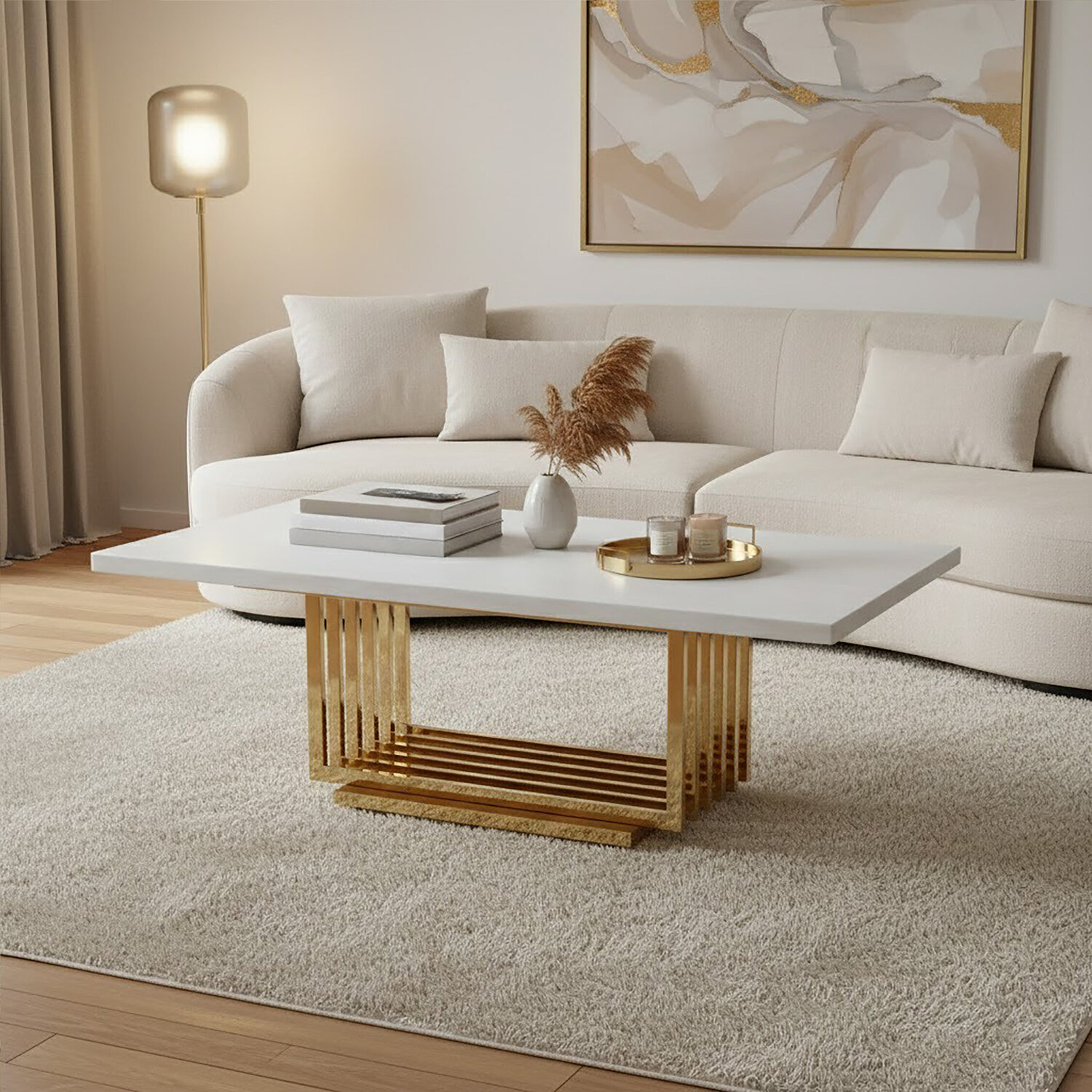 Moda Ivory White Faux Marble Coffee Table With Gold Finished Frame - Gold