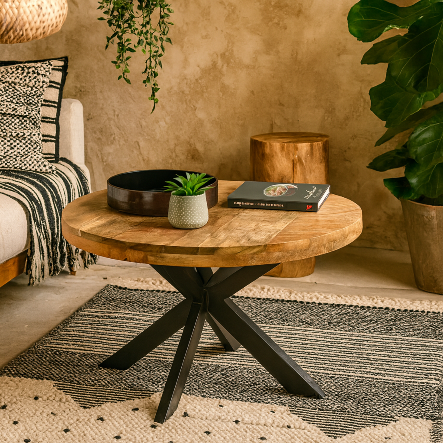 London Round Mango Wood Coffee Table Industrial Metal Legs - Brown