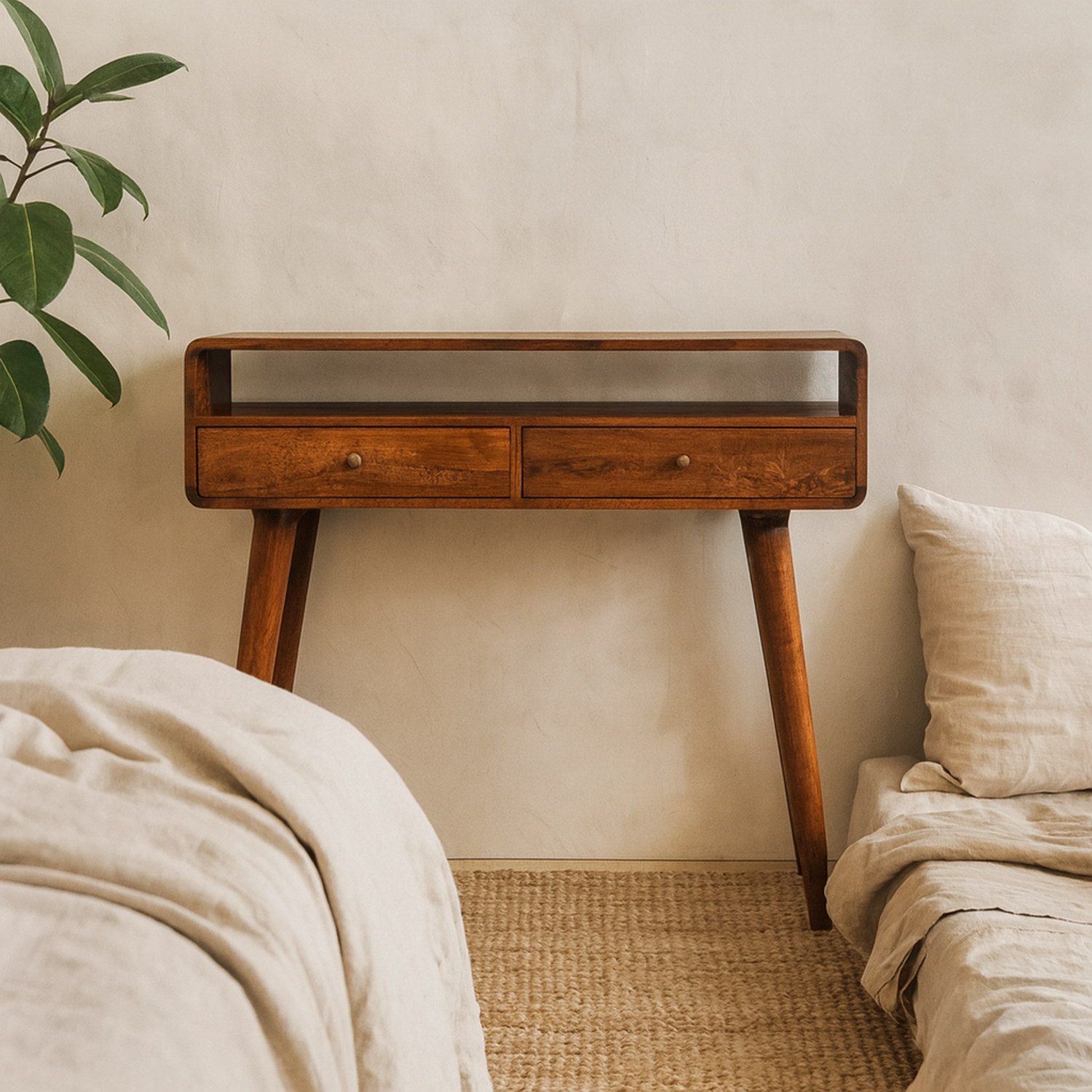 Ostuni Chestnut Mango Wood Console Table 2 Drawers Open Shelf - Brown