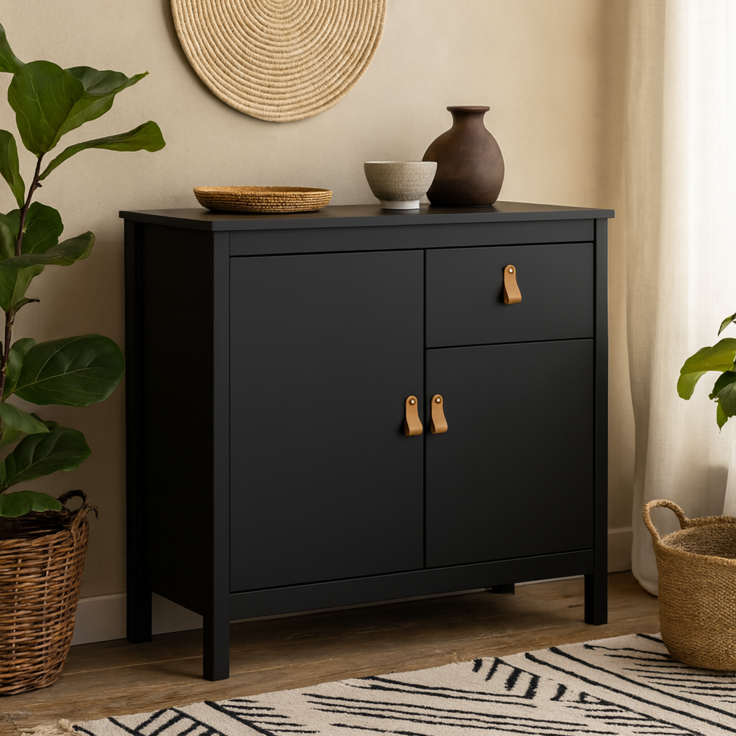 Wildberry Sideboard Matt 2 Doors 1 Drawer Leather Tab Handles - Black