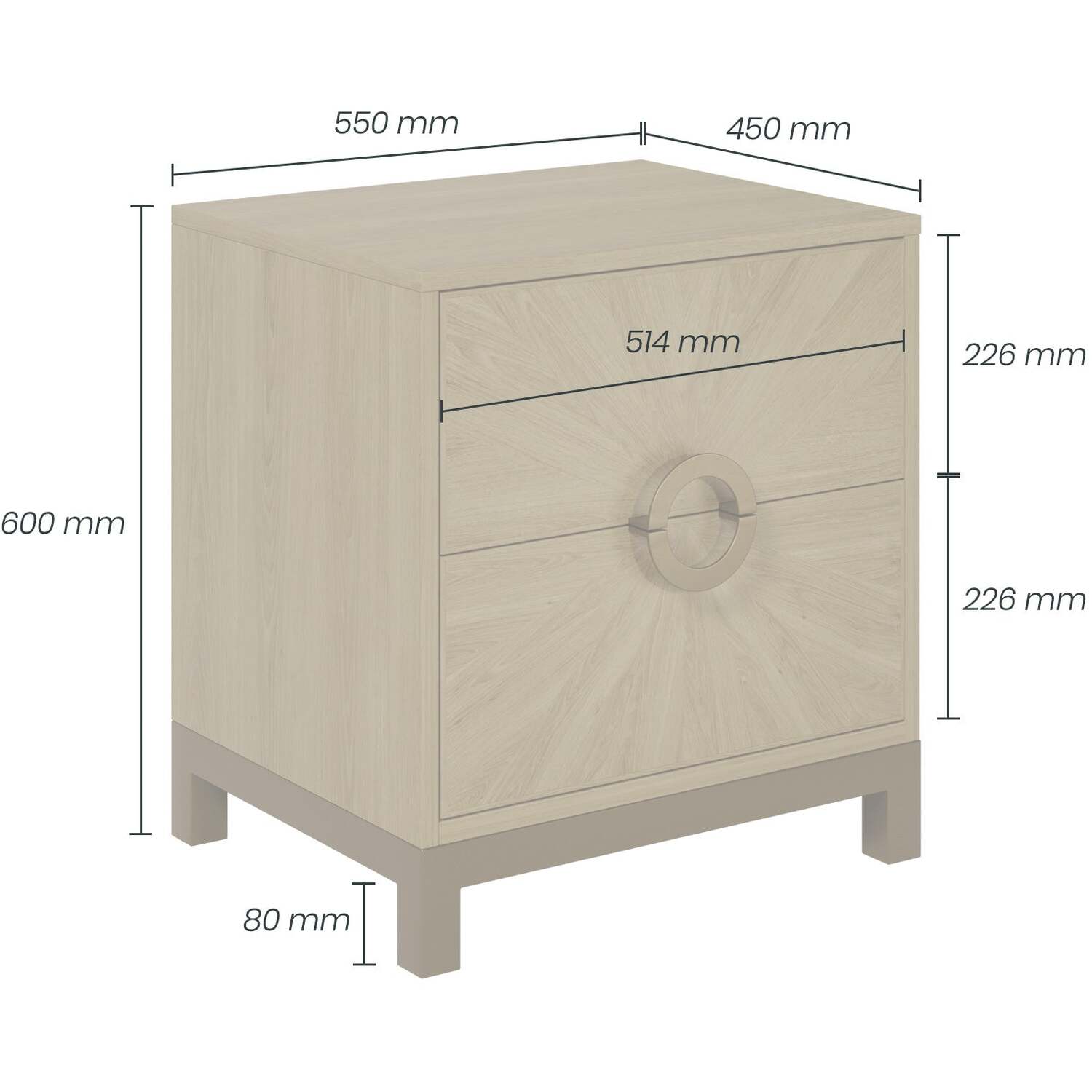 Ferrara Natural Sunburst Bedside Table 2 Drawers Brushed Gold Ring - Brown