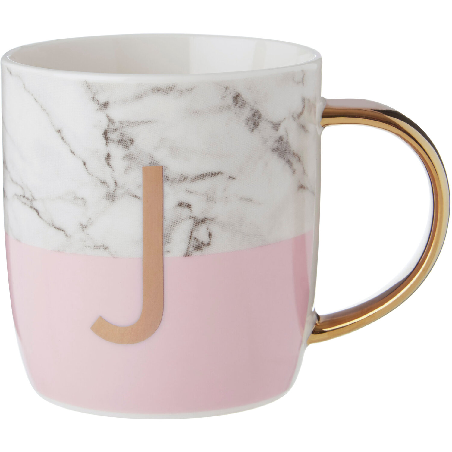 Frosted Deco Marble Effect and Pink Monogram Mug, J - Pink