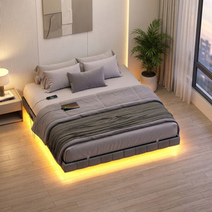 Double Floating Bed Frame with LED Lighting, Upholstered Sides