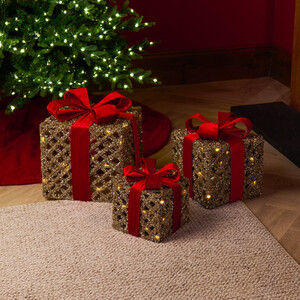 Set of 3 LED Red and Gold Presents