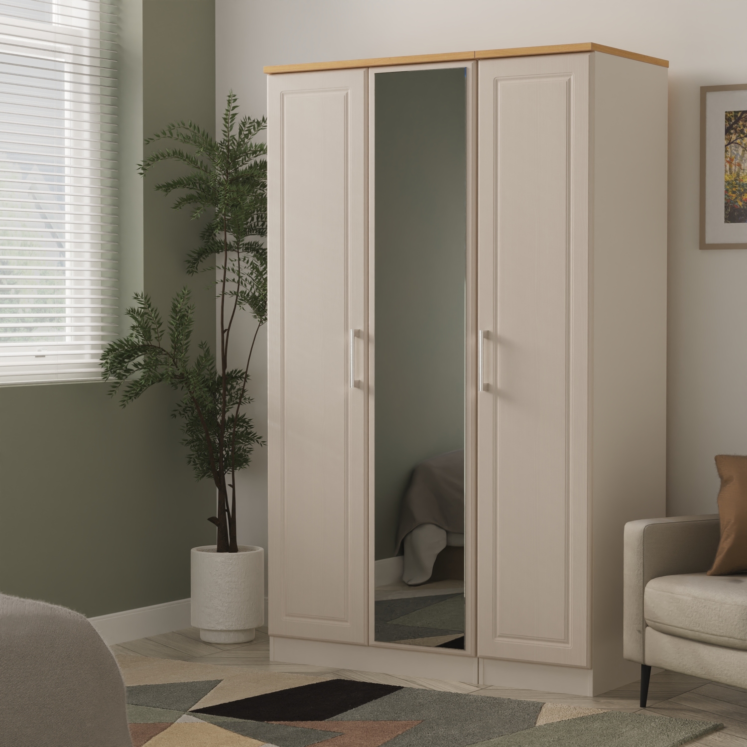 Emeley Ready Assembled 3 Door Mirrored Wardrobe - Kashmir Ash & Modern Oak