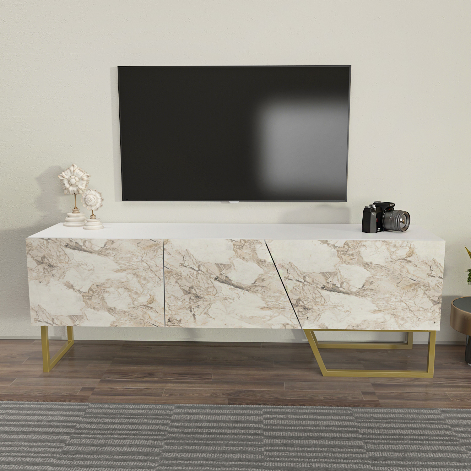 Parla Modern TV Unit TV Stand - White & White Marble Effect