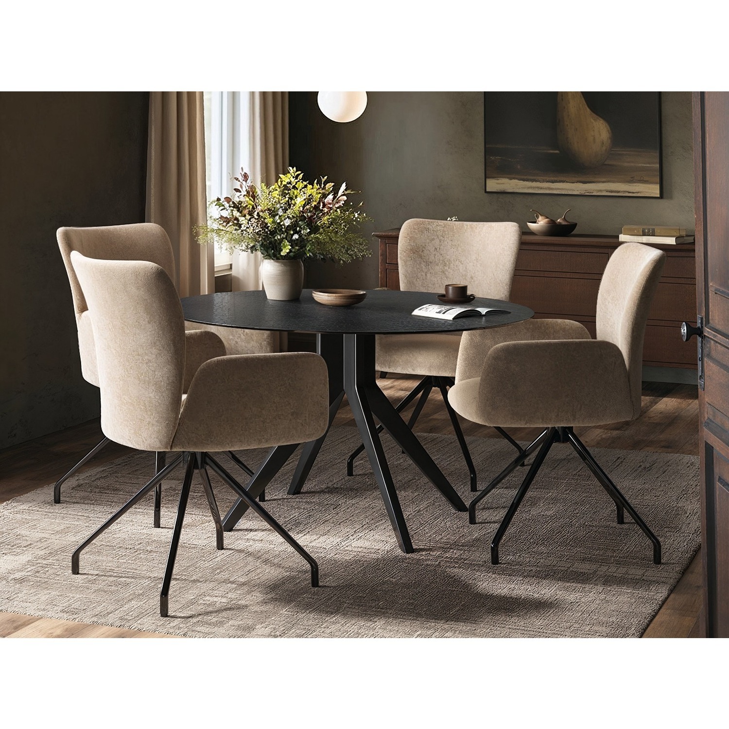 Solace+Co Emil Round Glass Dining Table With Kora Chairs Set - Black + Brown