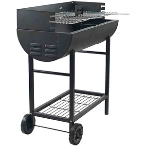 Charcoal BBQ Grill Half Barrel Dual Zone 2 Cooking Areas Garden Trolley BBQ