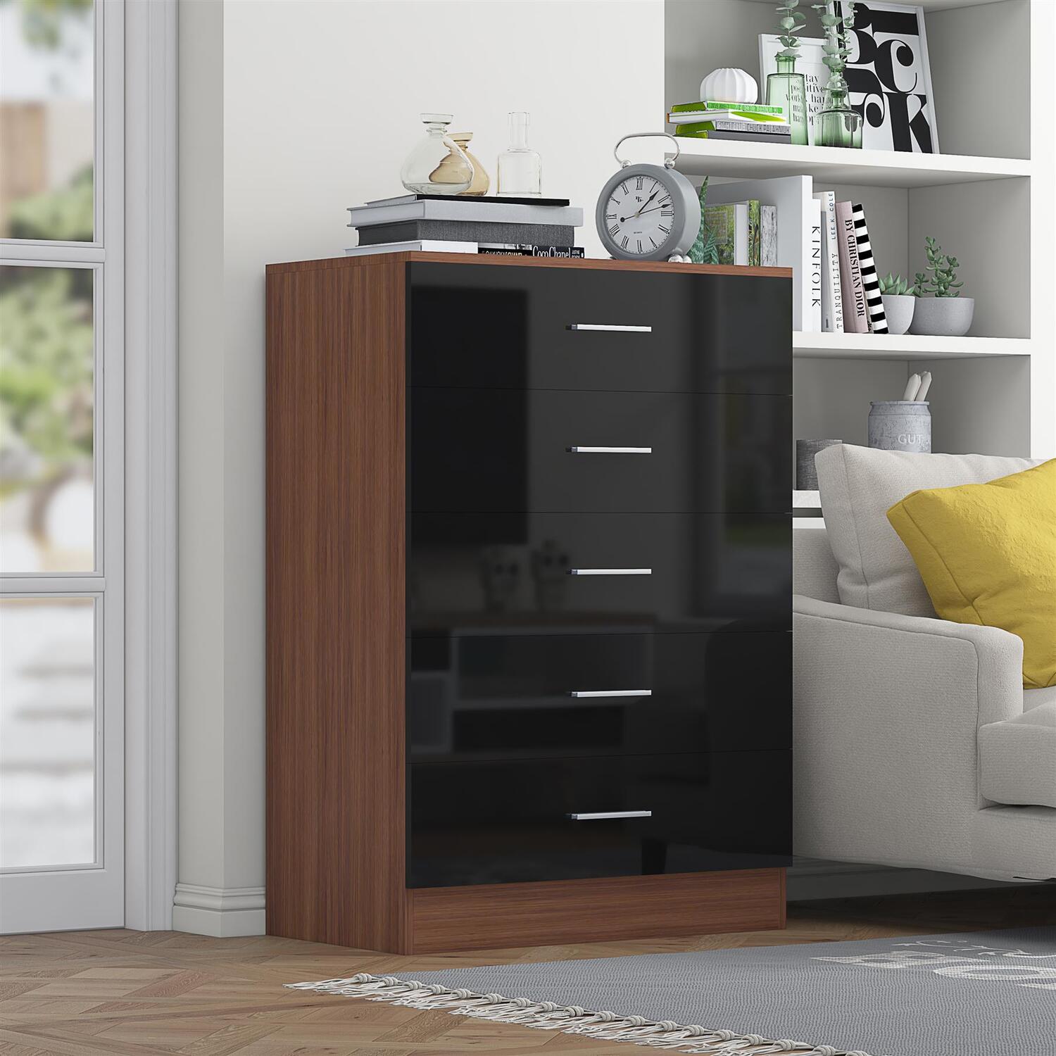 REFLECT Black Gloss Front Tall Chest 5 Drawer - Walnut Matt Carcass - Image 6