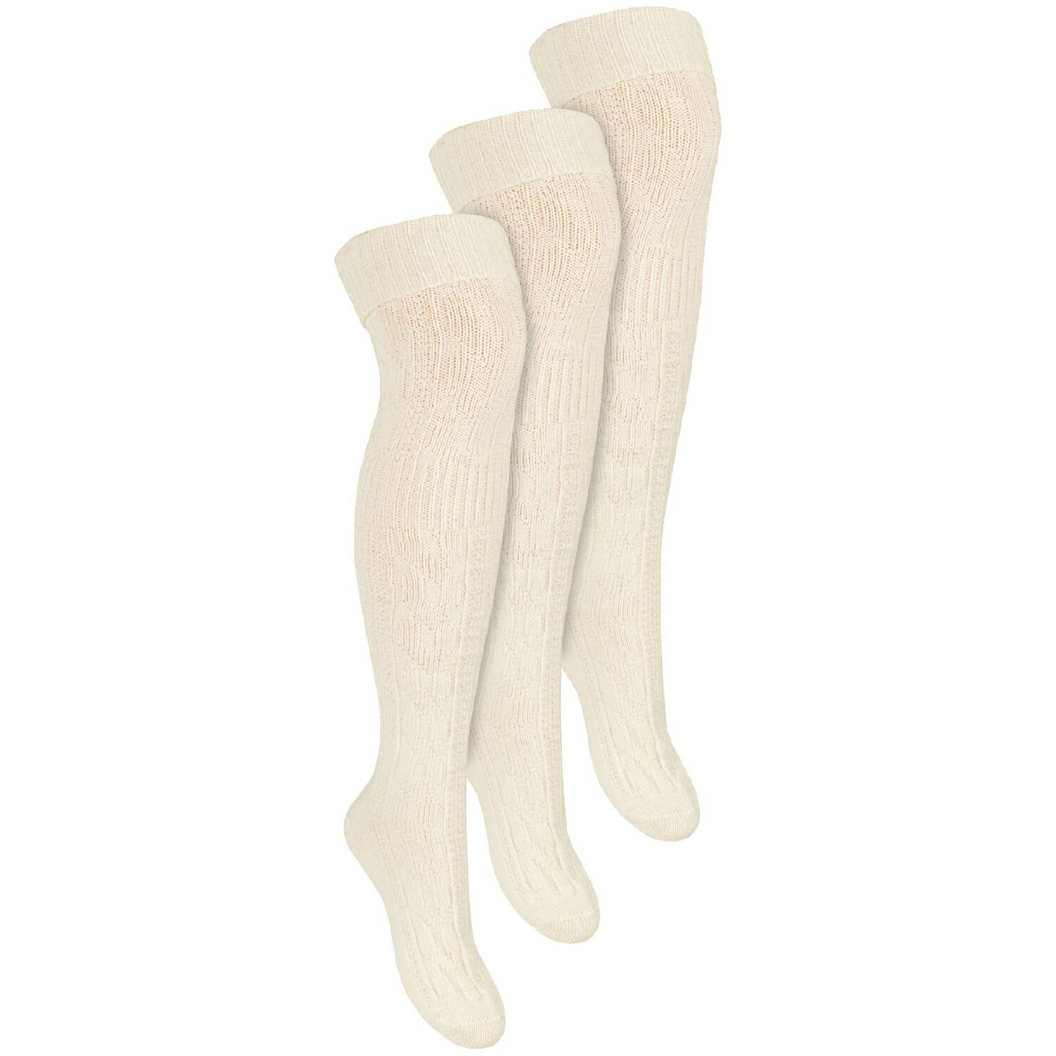Steven 3 Pairs Ladies Extra Long Thigh High Over The Knee Wool Socks - Cream