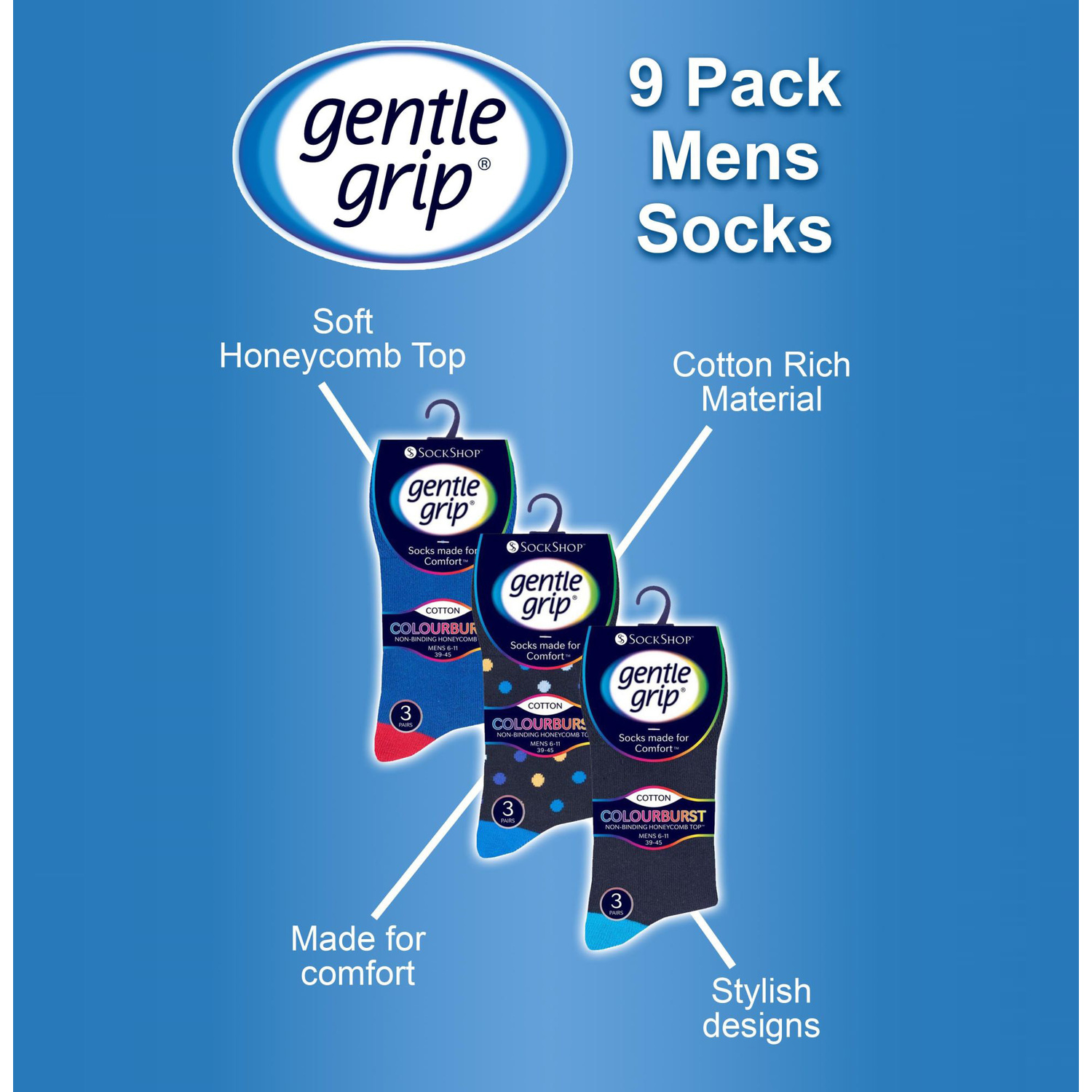 Gentle Grip 9 Pairs Non Elastic Cotton Mens Socks With Loose Top - Ideal For Diabetic - Black