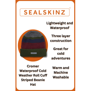 Mens & Ladies Waterproof Thermal Roll Cuff Striped Beanie Hat