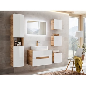 Aruba Bathroom Furniture Set 800mm Vanity, Sink, 4 Storage Wall Cabinets White Gloss and Oak Effect