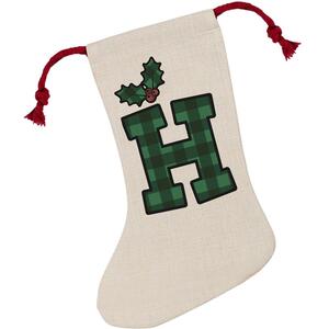 Green Tartan Alphabet Letter H Stocking - Novelty Xmas Gift - Linen-Style With Red Drawstring Ties
