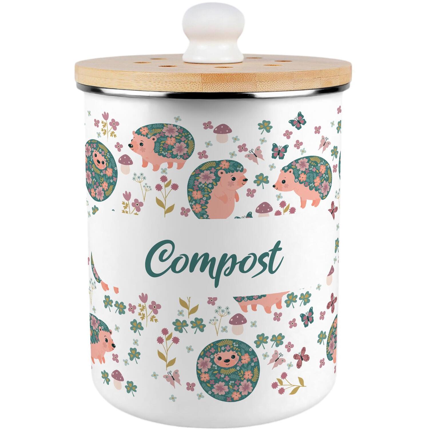 Purely Home Hedgehog & Flowers Compost Caddy - Metal 2L Decorative Kitchen Food Waste Bin - Purple