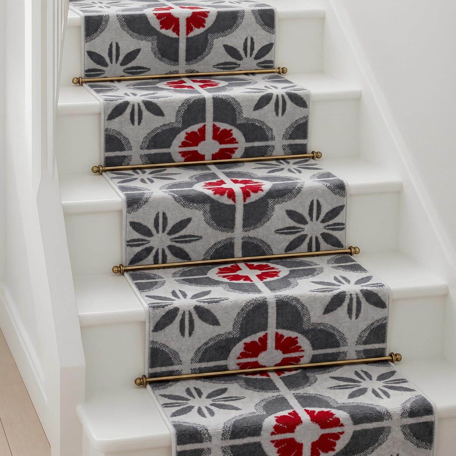 Bravich LTD Floral Tile Hallway Runner Rug Non Slip Low Pile Hall Carpet in Red | Size: 60 cm x 450 cm